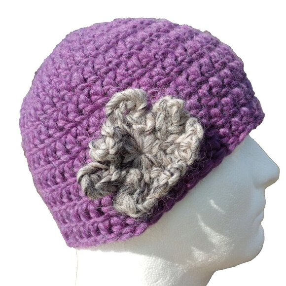 Handmade Accessories - Womens Beanie Cloche Handmade Purple Crochet Hat Gray Brown Flower Pure New Wool